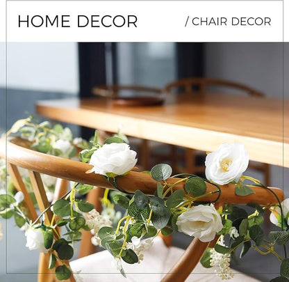 Der Rose 4 Pcs 13Ft Artificial Eucalyptus Flower Garland with Fake Silk Rose Flower Vine Seeded Eucalyptus Leaves Greenery Garland for Wedding Arch Table Wall Backdrop Party Room Decor (White)