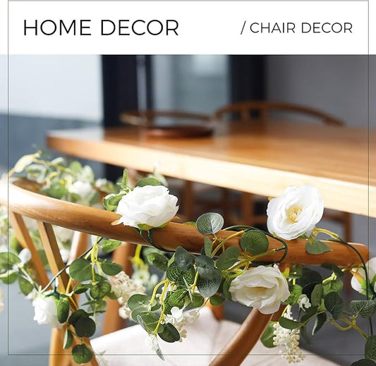 Der Rose 4 Pcs 13Ft Artificial Eucalyptus Flower Garland with Fake Silk Rose Flower Vine Seeded Eucalyptus Leaves Greenery Garland for Wedding Arch Table Wall Backdrop Party Room Decor (White)