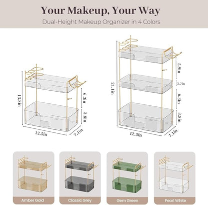 Bathroom Counter Organizer Countertop, 3 Tier Makeup Perfume Storage with Hair Dryer Rack and Toothbrush Holder, Cosmetic Tray for Vanity - Clear
