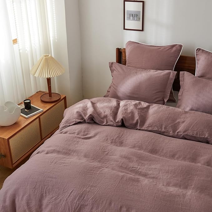 Simple&Opulence 100% Linen Duvet Cover Set, 3 PCS Natural French Flax Purple Duvet Cover Queen Size, Breathable Soft Comfy Linen Bedding Comforter Cover with 2 Pillowcases(Purple, 88"x92")