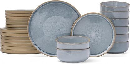 Famiware Nature Plates and Bowls Set, 24 Pieces Dinnerware Sets, Dishware Sets, Dishes Set for 8, Microwave and Dishwasher Safe, Light Blue