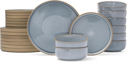 Famiware Nature Plates and Bowls Set, 24 Pieces Dinnerware Sets, Dishware Sets, Dishes Set for 8, Microwave and Dishwasher Safe, Light Blue