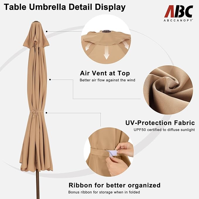 ABCCANOPY 10ft Scalloped Patio Umbrella, Outdoor Table Umbrella with Tilt and Crank, Fiberglass Ribs Deck Umbrella for Patio, Pool, Garden, Picnic (Khaki)