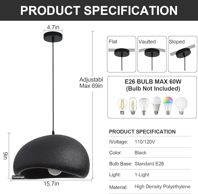 15.7in Wabi Sabi Pendant Lights Kitchen Island Lighting Fixture Ceiling Mount Black Modern Japanese Lamp Japandi Chandelier for Dining Living Room Hallway Bedroom Restaurant Hanging Lamp