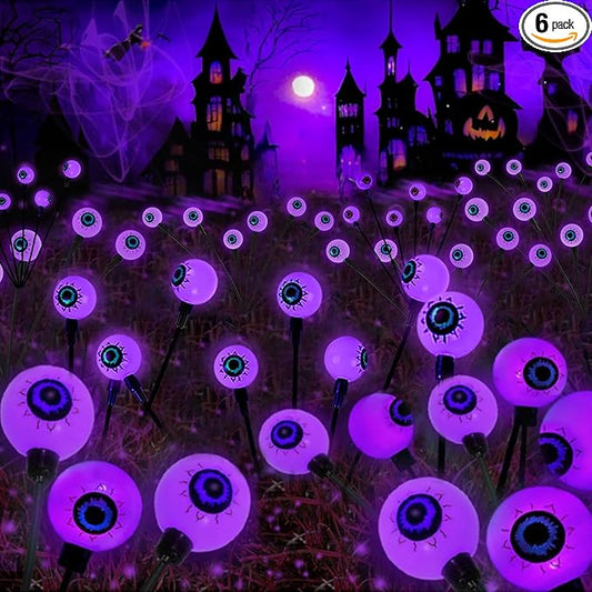2025 Upgraded 6 Pack Solar Halloween Lights Outdoor, 36 LED Purple Swaying Solar Eyeball Lights Waterproof with 2 Modes for Path Party Patio Garden Pathway Graveyard Halloween Displays Decorations