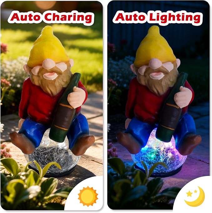 Drinking Gnome Solar Garden Statue - Funny Gnome Figurine with Colorful Crackle Ball LED Light - Perfect Novelty Patio Decor and Gag Gifts - Hilarious Christmas House Warming Gifts New Home