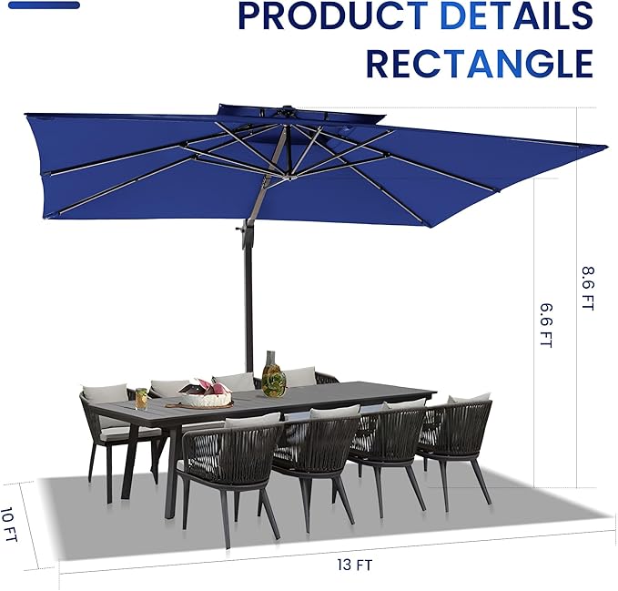 10 X 13 FT Cantilever Patio Umbrella Outdoor Heavy Duty Double Top Windproof Rectangle Offset Umbrellas with 360-degree Rotation for Pool Deck Backyard, Navy