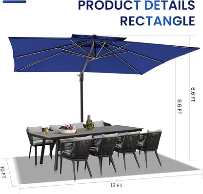 10 X 13 FT Cantilever Patio Umbrella with Base Included Outdoor Heavy Duty Double Top Windproof Rectangle Offset Umbrellas with 360-degree Rotation for Pool Deck Backyard, Navy