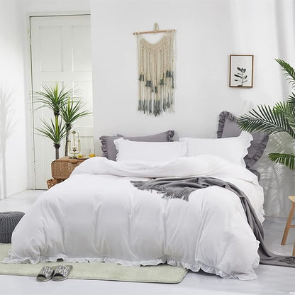 CLOTHKNOW White Full Size Comforter Sets Ruffles Farmhouse Bedding Comforter Sets Boho Comforter Vintage Rustic Shabby Chic Comforter with 2 x Pillow Cases