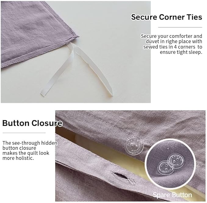 Simple&Opulence 100% Linen Duvet Cover Set, 3 PCS Natural French Flax Lilac Duvet Cover Queen Size, Breathable Soft Comfy Linen Bedding Comforter Cover with 2 Pillowcases(Lilac, 88"x92")