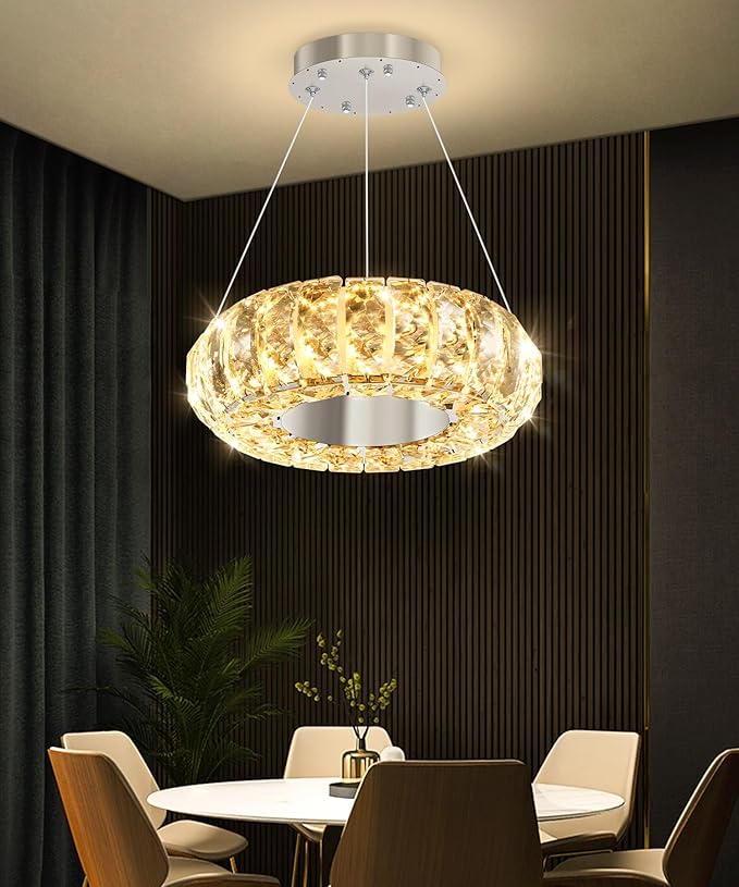 8" Ring Modern LED Dimmable Crystal Chandelier Adjustable Height Pendant Light Round Crystal Chandelier Light Fixtures for Dining Room Living Room Kitchen Island Silver