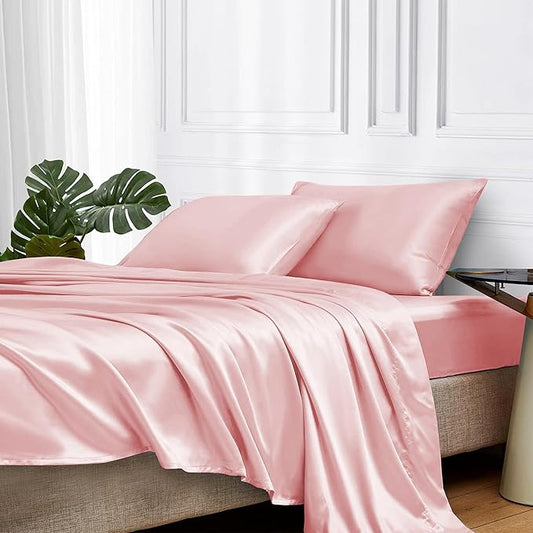 MR&HM Satin Bed Sheets, Full Size Sheets Set, 4 Pcs Silky Bedding Set with 15 Inches Deep Pocket for Mattress (Full, Light Pink)