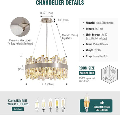 Siljoy 19.7'' Modern Crystal Chandelier for Dining Room, Luxury 2-Tiers K9 Crystal Raindrop Chandelier Flush Mount Dimmable Pendant Ceiling Light for Living Room Kitchen Island E12x12, Brushed Nickel
