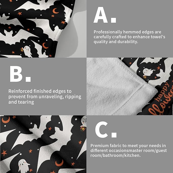 Happy Halloween Hand Towels Set of 2 Absorbent Holiday Kitchen Towels Decorative White Bat Ghost Orange Star Moon