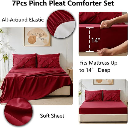 CozyLux Full Size Comforter Sets Dark Red, 7 Pieces Pintuck Bed in A Bag Red Comforter Full Size, Pinch Pleat Bedding Sets with All Season Comforter, Sheets, Pillowcases & Shams