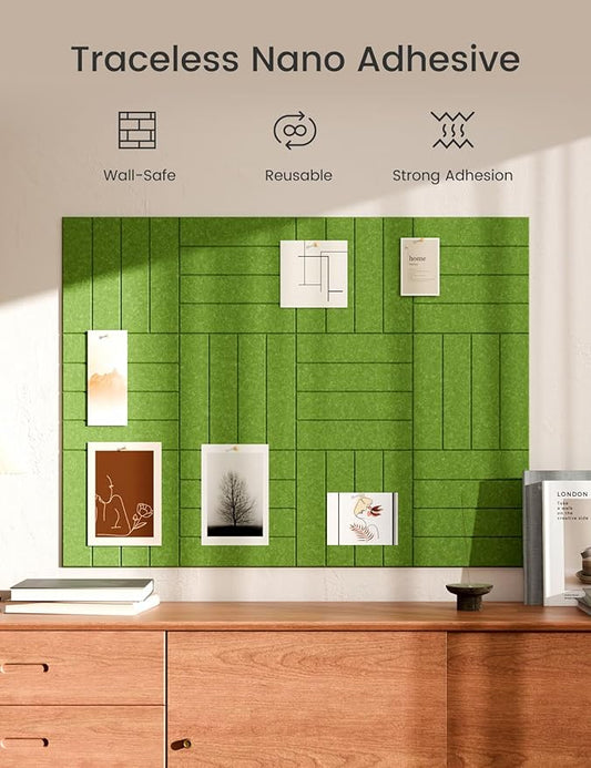 Bumusty Large Cork Board Alternative-47 x35 Felt Bulletin Board Tiles, with 30 Pushpins, 70 Adhesive Tabs, 12-Pack Slat Wall Paneling, Cork Boards for Office Push Pin Board Felt Board-Grass Green