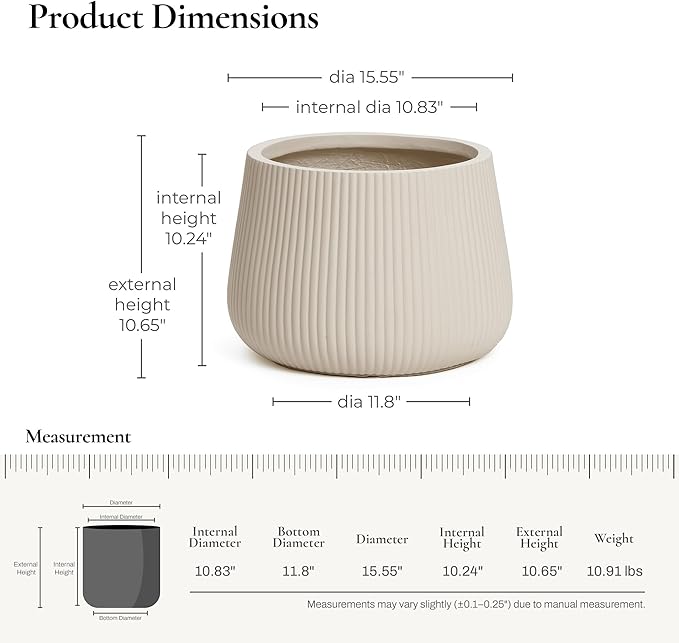 LuxenHome 15.5" Dia Round Planter, Large Indoor Outdoor Plant Pot with Drainage Hole and Rubber Plug, Handmade Modern Off-White Ripped Concrete Planter Pot, Flower Pot for Home Garden Patio Porch