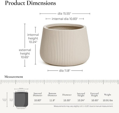 LuxenHome 15.5" Dia Round Planter, Large Indoor Outdoor Plant Pot with Drainage Hole and Rubber Plug, Handmade Modern Off-White Ripped Concrete Planter Pot, Flower Pot for Home Garden Patio Porch