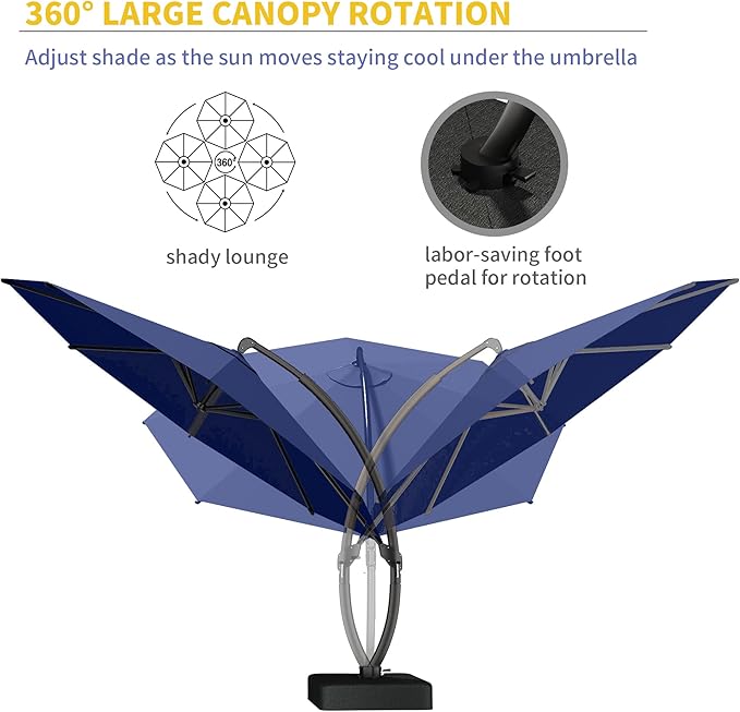Kingdura 12ft Offset Cantilever Patio Umbrella with Base Included, Large Round Aluminum Outdoor Umbrella, 360° Rotation & Infinite Tilt, Heavy Duty Frame for Deck Pool Backyard, Navy blue