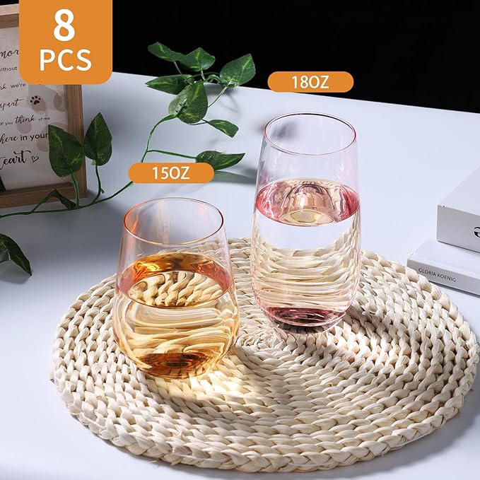 Set of 8 Drinking Glasses, Hand Blown, 4 Highball Glasses 18oz & 4 Stemless Wine Glasses 15oz, Colored Water Glass Cups, for Wedding, Gift
