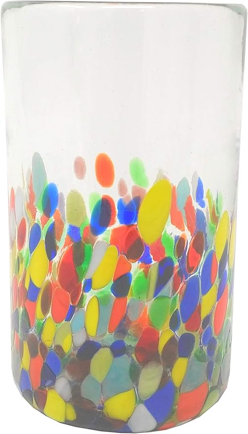 Hand Blown Mexican Drinking Glasses – Set of 6 Confetti Carmen Design Glasses (14 oz each)