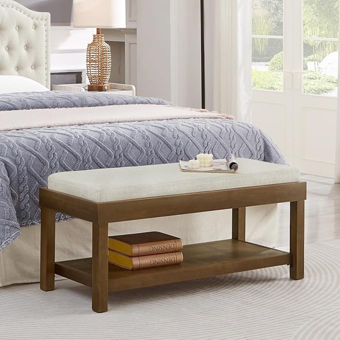 24KF Large Rectangular Storage Bench,Upholstered Seat Cushion,Ottoman Coffee Table with Ivory Removable Cushion for Living Room,Entryway Bench Bed Bench with Solid Wood Shelf,5069-Ivory
