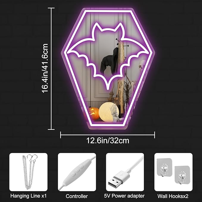 Coffin Bat Neon Mirror Sign,Gothic Room Decor,USB Powered,Halloween Bat Coffin Decor,LED Light Gothic Room, Teen Girls Preppy