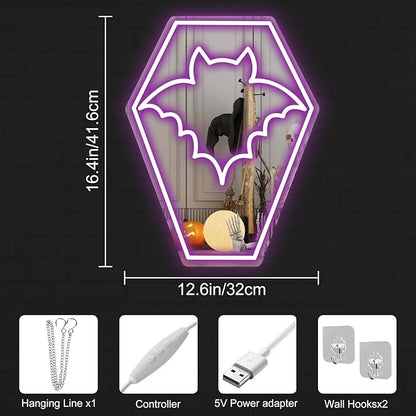 Coffin Bat Neon Mirror Sign,Gothic Room Decor,USB Powered,Halloween Bat Coffin Decor,LED Light Gothic Room, Teen Girls Preppy