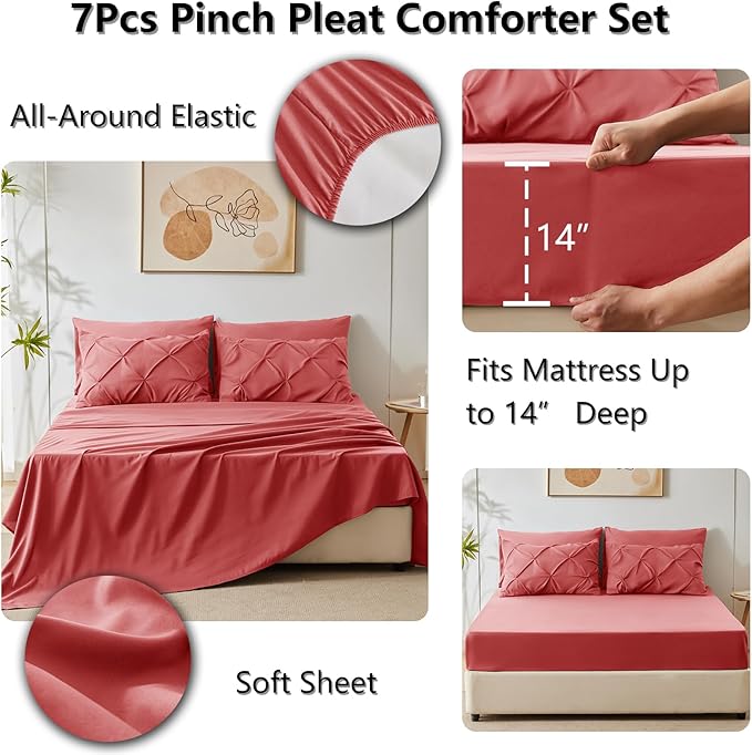 CozyLux King Size Comforter Set Coral, 7 Pieces Pintuck Bed in A Bag Coral Comforter King Size, Pinch Pleat Bedding Set with All Season Comforter, Flat Sheet, Fitted Sheet, Pillowcases & Shams