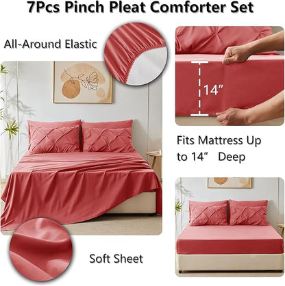 CozyLux Full Size Comforter Sets Coral, 7 Pieces Pintuck Bed in A Bag Coral Comforter Full Size, Pinch Pleat Bedding Sets with All Season Comforter, Flat Sheet, Fitted Sheet, Pillowcases & Shams