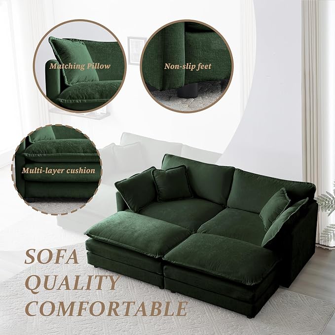 SoarFlash Chenille Sectional Sofa, Comfy Modular Coush Sofa with Ottoman, Modern 2 Seat Recliner Deep Seat Sofa Set for Living Room,Green
