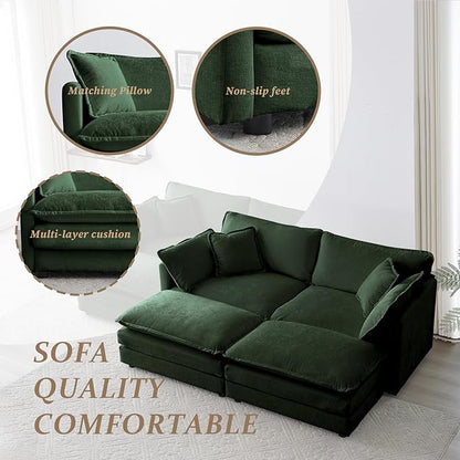 SoarFlash Chenille Sectional Sofa, Comfy Modular Coush Sofa with Ottoman, Modern 2 Seat Recliner Deep Seat Sofa Set for Living Room,Green