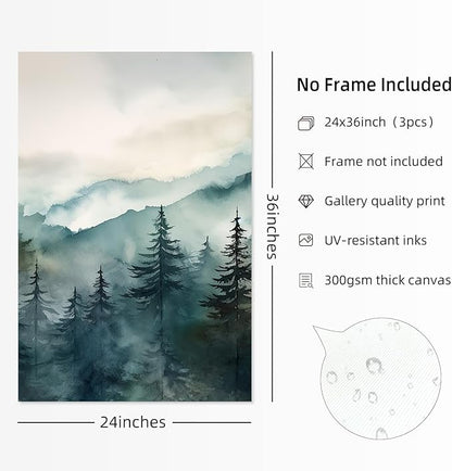 Foggy Forest Wall Art Prints Watercolor Mountain Canvas Wall Decor Landscape Nature Poster Wall Art Abstract Tree Pictures Artwork Modern Painting for Living Room Bedroom 24x36 Inch Unframed Set of 3