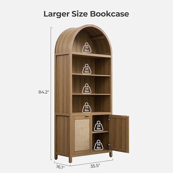SICOTAS Book Shelf Arched Cabinet Bookshelf Arch 84.2" Tall Bookcase 5 Tier Large Bookshelves with Doors Storage Rattan Boho Wide Book Shelves Case for Living Room Kitchen Office Bedroom Library