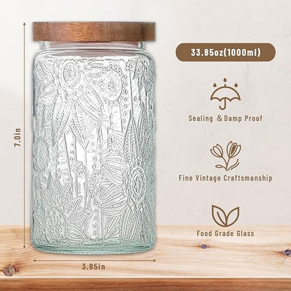 Vintage Glass Jars with Wooden Lids, 2 Pack 34 oz Airtight Glass Food Storage Containers Sets for the Kitchen, Sugar Coffee Candy Spice Cookie Tea Pasta