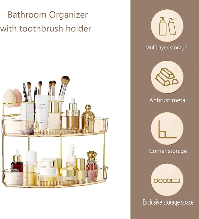 FELIZHOUSE 2-Tier Makeup Organizer for Vanity & Bathroom Countertop – Acrylic Storage Shelf with Perfume Makeup Brush Holder, Tool-Free Installation, Design for Bathroom & Dresser - Amber