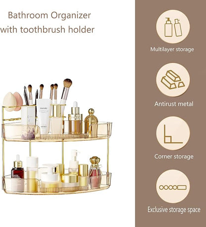 FELIZHOUSE 2-Tier Makeup Organizer for Vanity & Bathroom Countertop – Acrylic Storage Shelf with Perfume Makeup Brush Holder, Tool-Free Installation, Design for Bathroom & Dresser - Amber