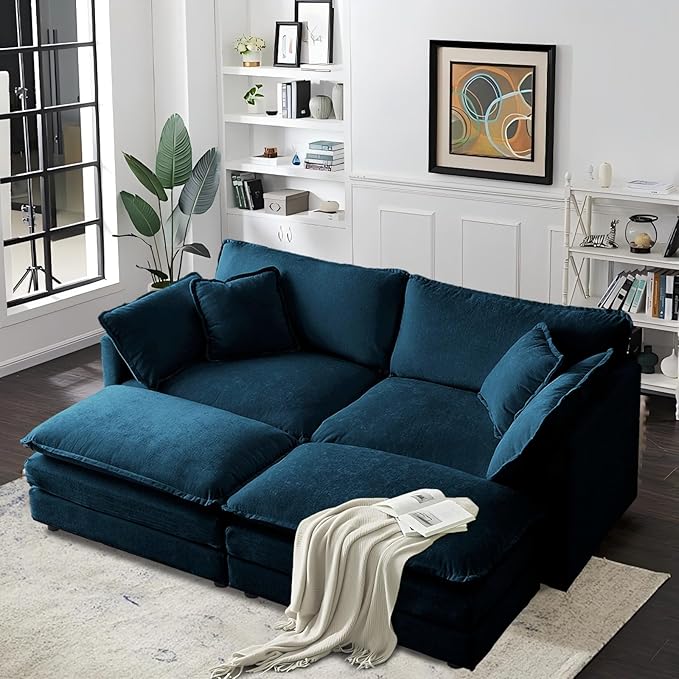 SoarFlash Chenille Sectional Sofa, Comfy Modular Coush Sofa with Ottoman, Modern 2 Seat Recliner Deep Seat Sofa Set for Living Room,Deep Blue