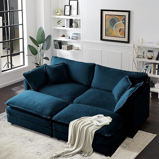 SoarFlash Chenille Sectional Sofa, Comfy Modular Coush Sofa with Ottoman, Modern 2 Seat Recliner Deep Seat Sofa Set for Living Room,Deep Blue
