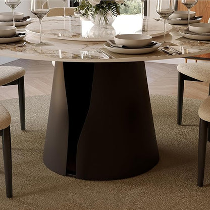 POVISON Round Dining Table for 6, 59" Modern Round Dining Room Table with Lazy Susan, Pandora Sintered Stone Dining Tabletop with Black Carbon Steel Pedestal (Dining Table Only)