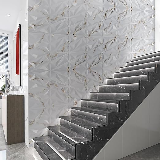 Art3dwallpanels 33 Pack 3D Wall Panel Diamond for Interior Wall Décor, PVC Textured Wall Panels, 12''x12'' Cover 32.Sq.Ft. Gold Veined White