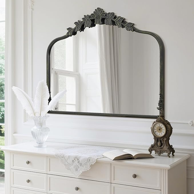 WallBeyond Black Antique Mirror for Vanity 32x24 Inch, Black Vintage Mirror with Ornate Frame, Arched Vintage Wall for Bathroom, Living Room, Fireplace