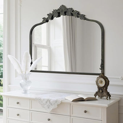 WallBeyond Black Antique Mirror for Vanity 32x24 Inch, Black Vintage Mirror with Ornate Frame, Arched Vintage Wall for Bathroom, Living Room, Fireplace