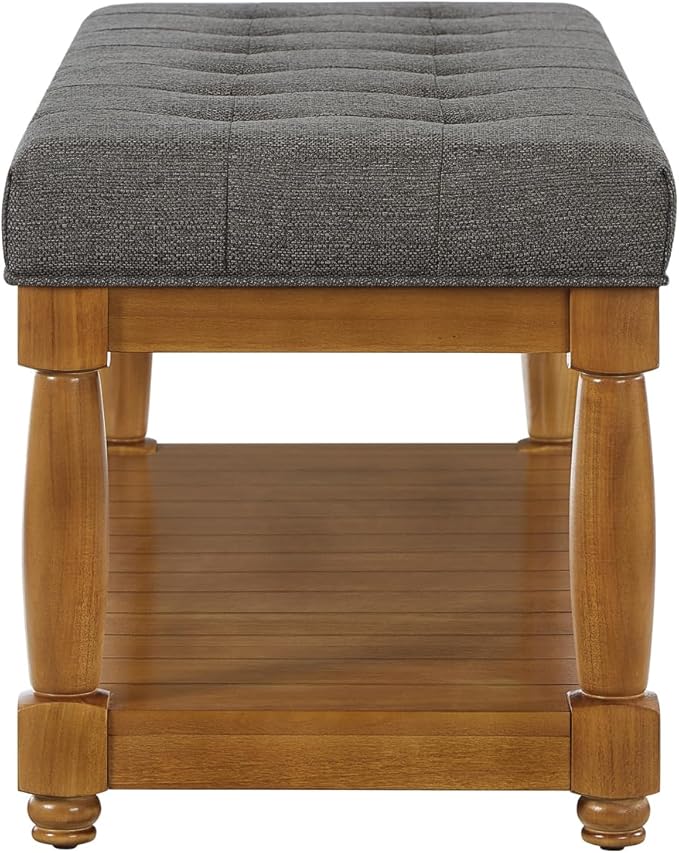 24KF Large Rectangular Upholstered Tufted Bed Bench, Linen Fabric Storage Ottoman Bench for Living Room, Padded Entryway Bench with Solid Wood Shelf,5098-Granite