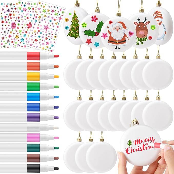 Syhood 24 Pcs 3.15'' DIY Christmas Blank White Ball Ornaments Set Plastic Matte Flat Discs Ornaments DIY Xmas Tree Decoration with Acrylic Paint Markers Gems Stickers for Crafts Party Decor