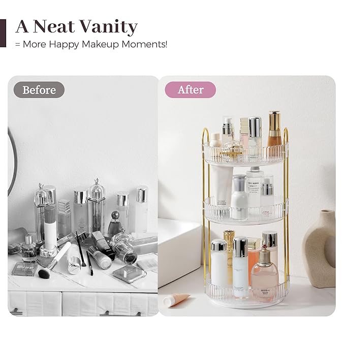 Aveniee Rotating Makeup Organizer for Vanity, 3 Tier Perfume Skincare Organizers and Storage for Bathroom Countertop, Clear Spinning Counter Cosmetic Holder for Dresser,White