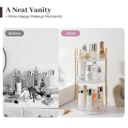 Aveniee Rotating Makeup Organizer for Vanity, 3 Tier Perfume Skincare Organizers and Storage for Bathroom Countertop, Clear Spinning Counter Cosmetic Holder for Dresser,White