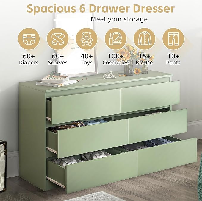 6 Drawer Dresser for Bedroom,Wide Wood Dresser,Farmhouse Large Bedroom Dressers with Drawers,Chest of Drawers for Living Room,Hallway,Closet(Green)