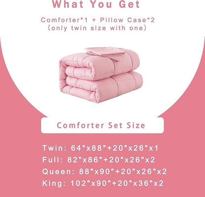 DOWNCOOL King Size Comforter Set -All Season Bedding Comforters Sets with 2 Pillow Cases -3 Pieces Bed Set Down Alternative King Bedding Set -Pink King Comforter Set(102"x90")