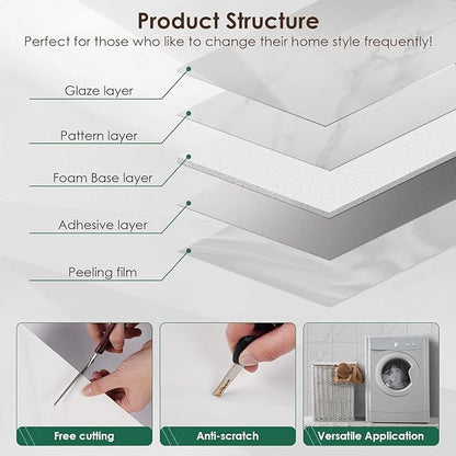 Peel and Stick Backsplash Tiles 20 Sheets 12''x12'' PVC Self Adhesive Wall Tiles Back Splash Wall Panels Stick on Backsplash for Kitchen Bathroom Laundry Room, White